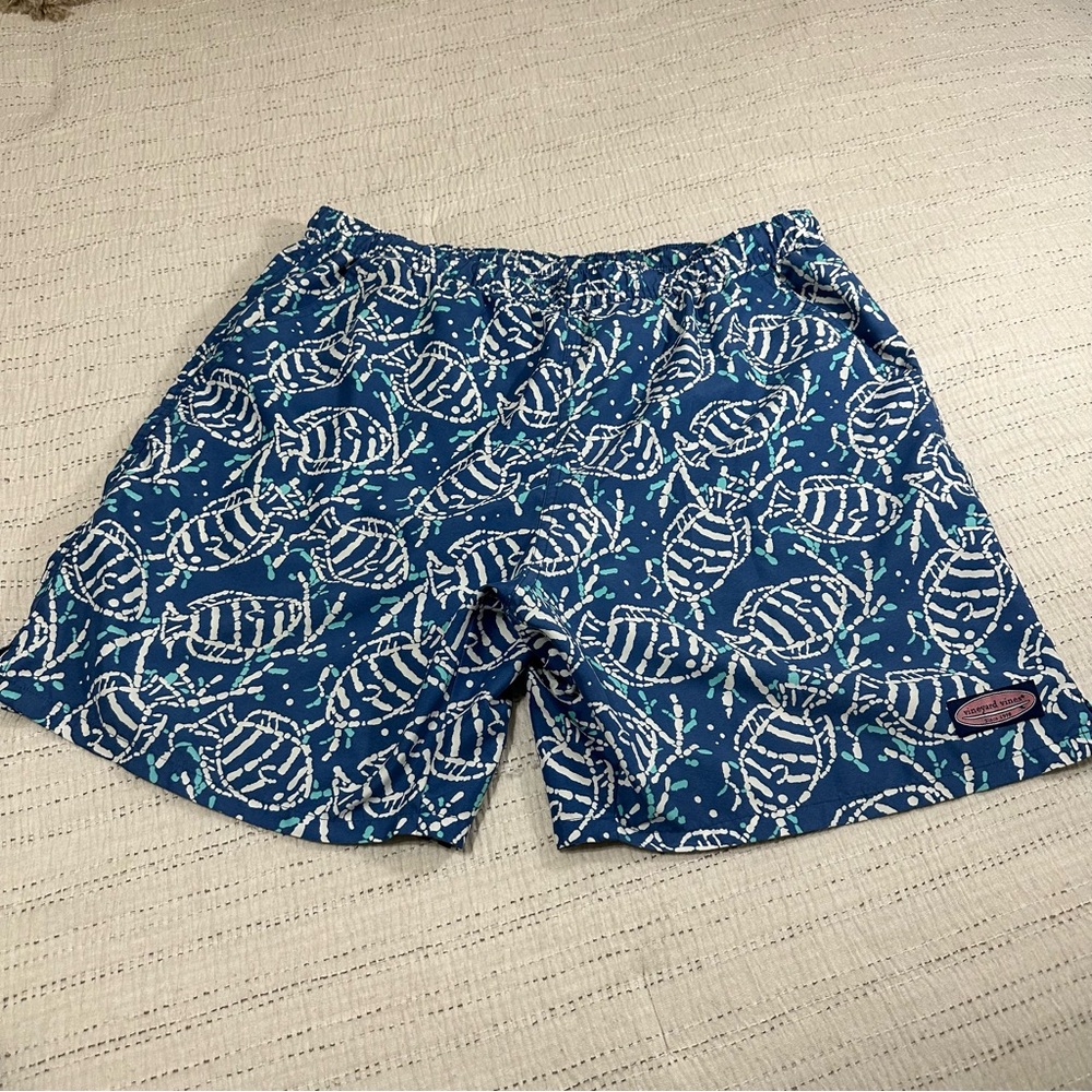 Vineyard Vines Teal & White fish Print Swim Trunks